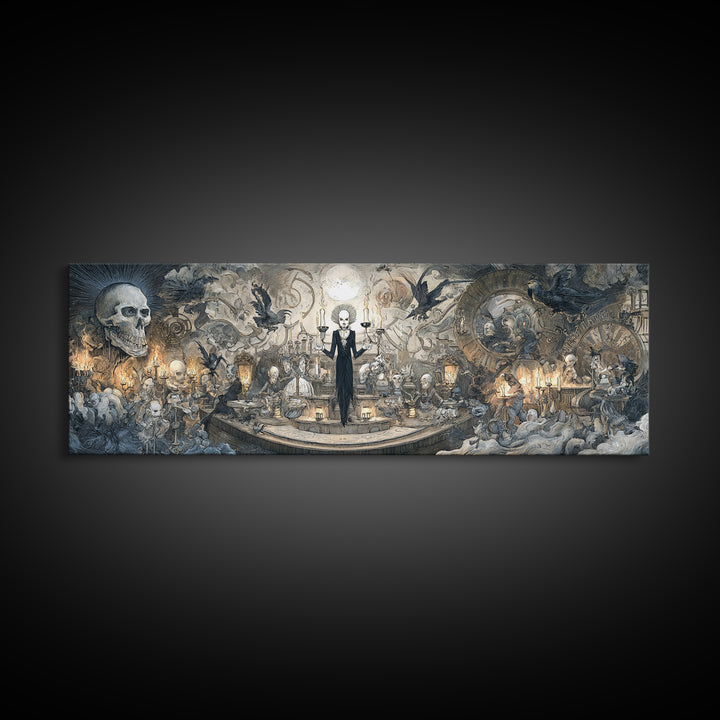 The Clockwork Haunted House, Expressionist Nightmare Art, Extra Wide Wall Art, Dark Halloween Decor, Framed Canvas Print, Halloween Wall Art