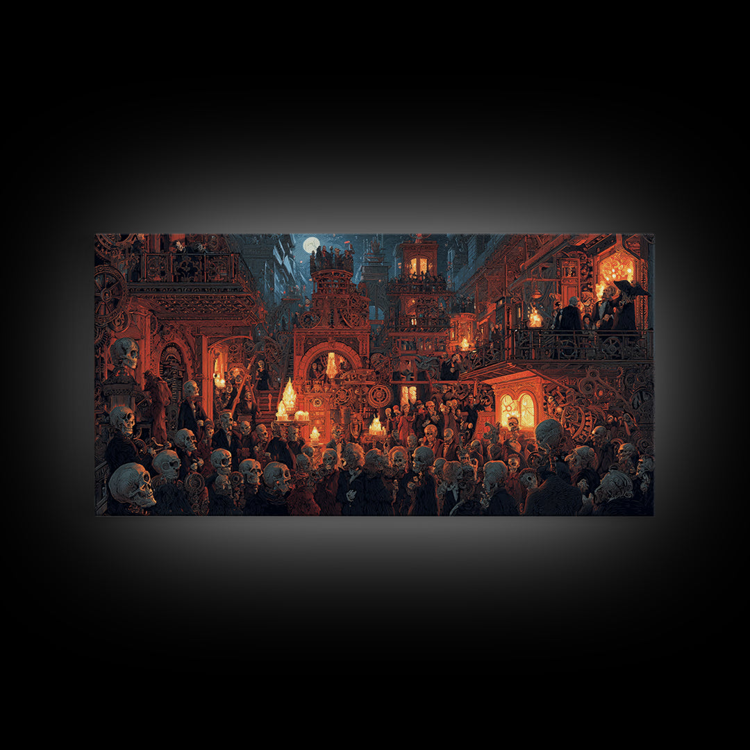 The Clockwork Haunted House, Grotesque Carnival Art, Wide Panoramic Art, Gothic Horror Wall Art, Canvas Print, Halloween Wall Art