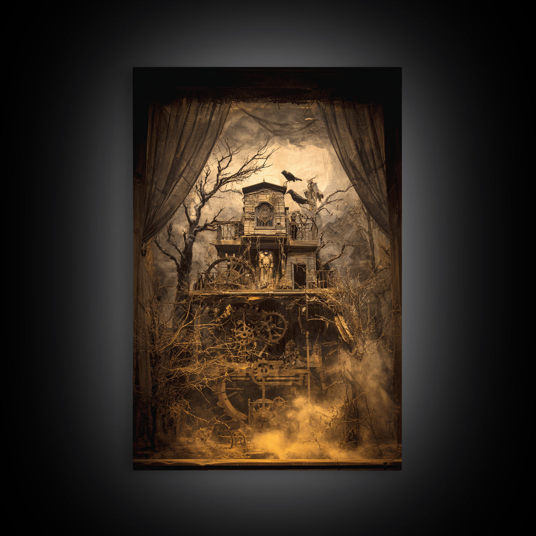The Clockwork Haunted House, Expressionist Gothic Art, Vertical Wall Art, Dark Fantasy Wall Art, Framed Canvas Print, Halloween Wall Art