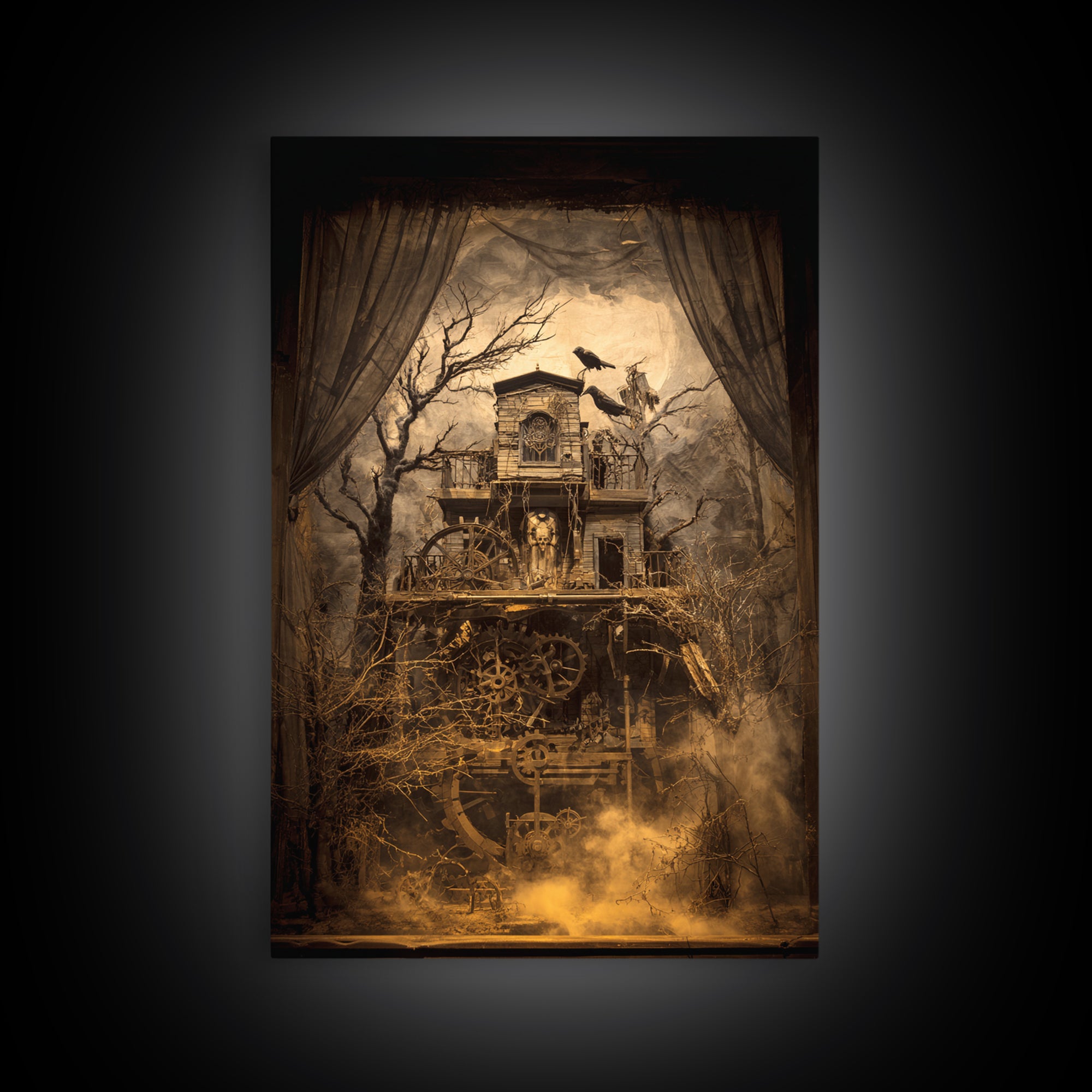 The Clockwork Haunted House, Expressionist Gothic Art, Vertical Wall Art, Dark Fantasy Wall Art, Framed Canvas Print, Halloween Wall Art