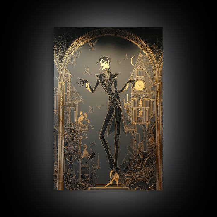The Clockwork Haunted House, Decadent Line Art, Vertical Wall Art, Gothic Horror Wall Art, Framed Canvas Print