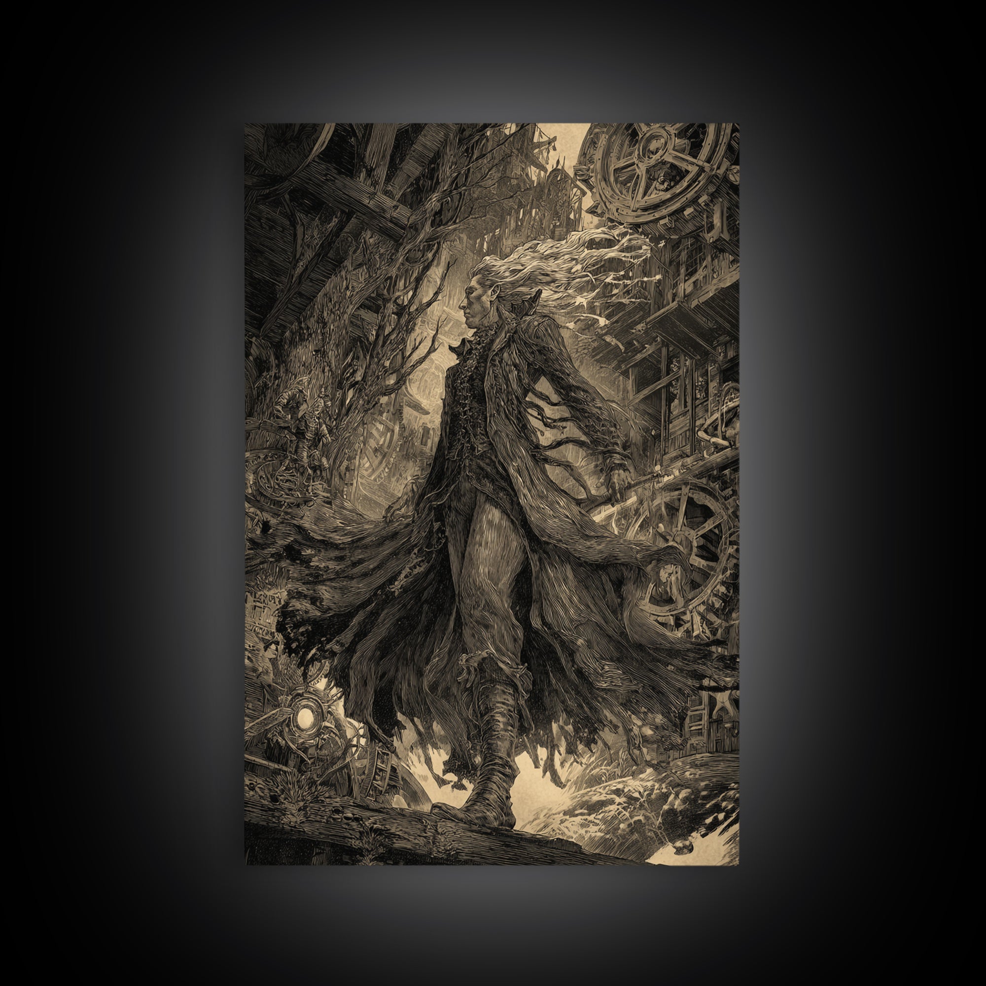 The Clockwork Haunted House, Gothic Storybook Art, Vertical Wall Art, Gothic Horror Wall Art, Canvas Print, Halloween Wall Art