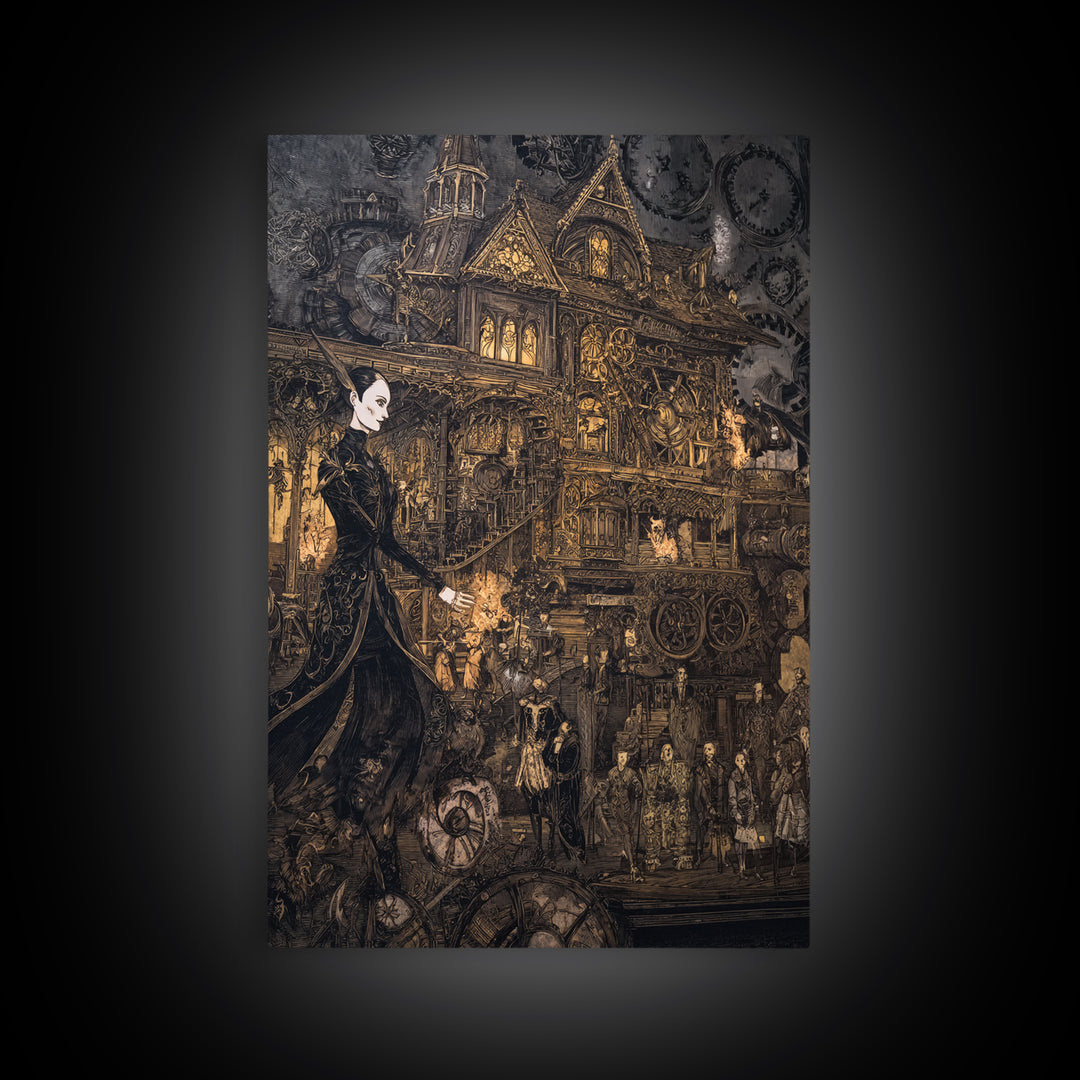 The Clockwork Haunted House, Stained Glass Gothic Art, Vertical Wall Art, Dark Fantasy Wall Art, Canvas Print, Halloween Wall Art