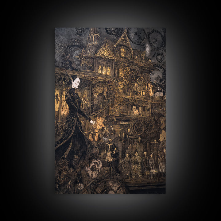 The Clockwork Haunted House, Stained Glass Gothic Art, Vertical Wall Art, Dark Fantasy Wall Art, Canvas Print, Halloween Wall Art