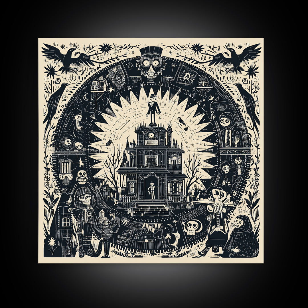 The Clockwork Haunted House, Macabre Folk Print Art, Square Wall Art, Macabre Wall Art, Framed Canvas Print, Halloween Wall Art