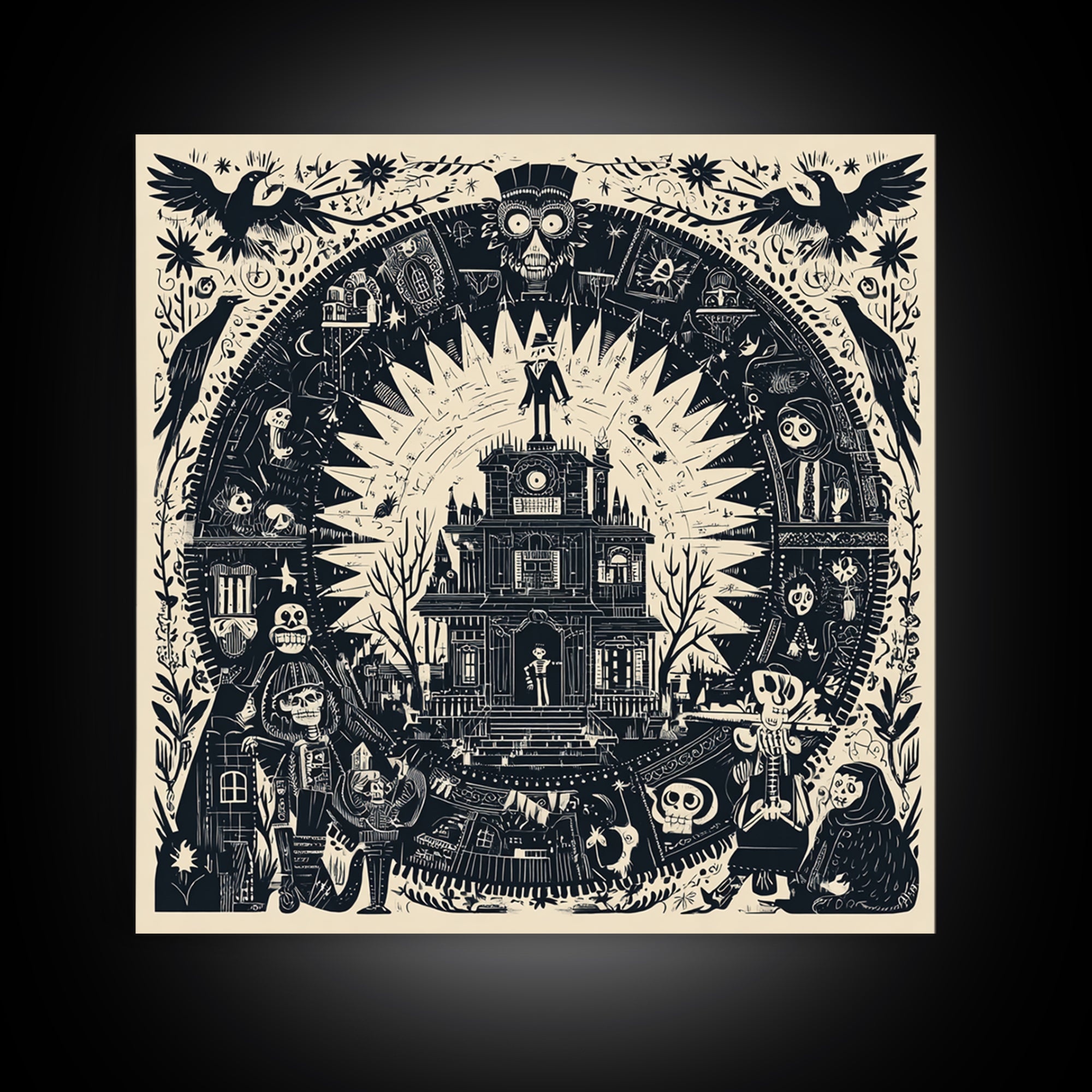 The Clockwork Haunted House, Macabre Folk Print Art, Square Wall Art, Macabre Wall Art, Framed Canvas Print, Halloween Wall Art