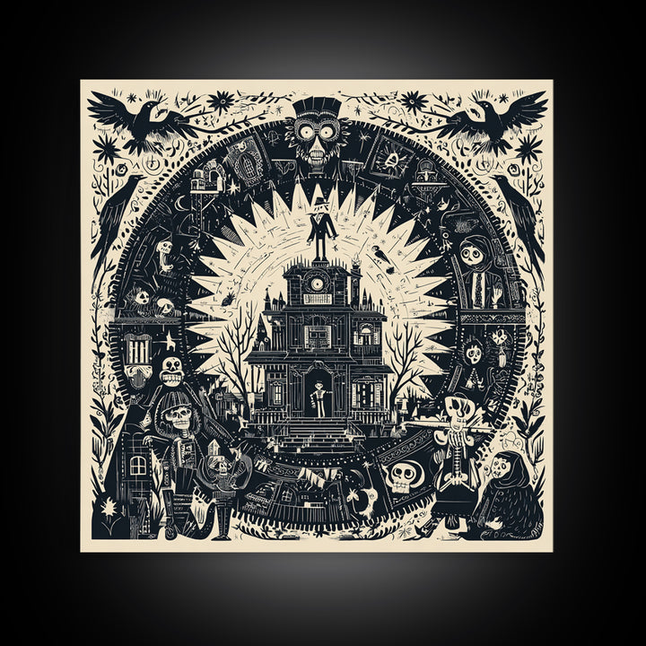 The Clockwork Haunted House, Macabre Folk Print Art, Square Wall Art, Macabre Wall Art, Framed Canvas Print, Halloween Wall Art