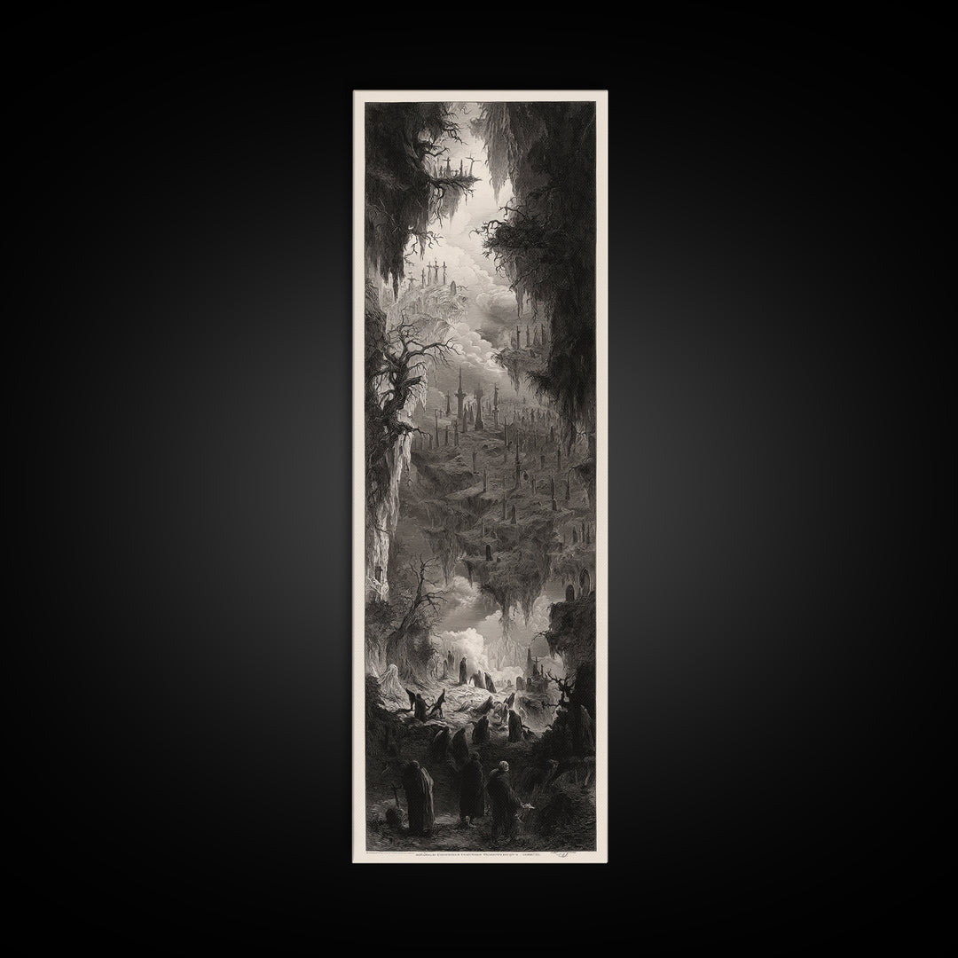The Upside-Down Cemetery, Gothic Engraving Art, Tall Narrow Wall Art, Gothic Horror Wall Art, Framed Canvas Print, Halloween Wall Art