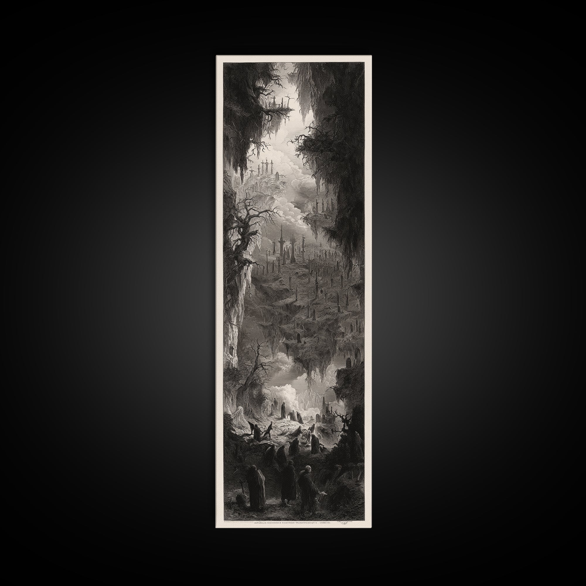 The Upside-Down Cemetery, Gothic Engraving Art, Tall Narrow Wall Art, Gothic Horror Wall Art, Framed Canvas Print, Halloween Wall Art