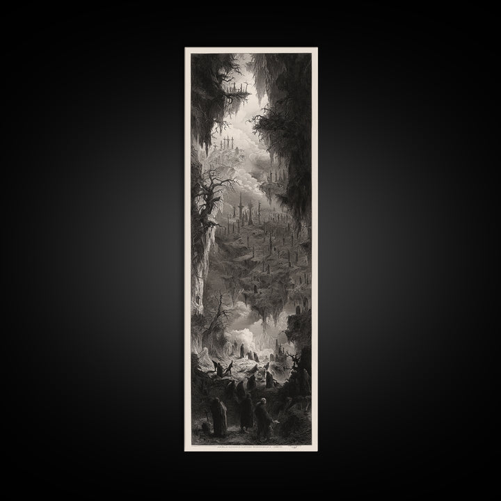 The Upside-Down Cemetery, Gothic Engraving Art, Tall Narrow Wall Art, Gothic Horror Wall Art, Framed Canvas Print, Halloween Wall Art