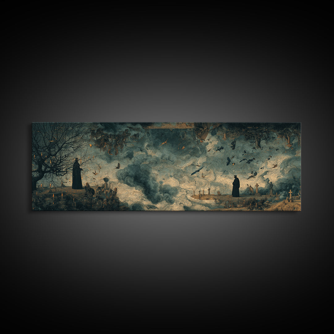 The Upside-Down Cemetery, Medieval Grotesque Art, Extra Wide Wall Art, Macabre Wall Art, Canvas Print, Halloween Wall Art