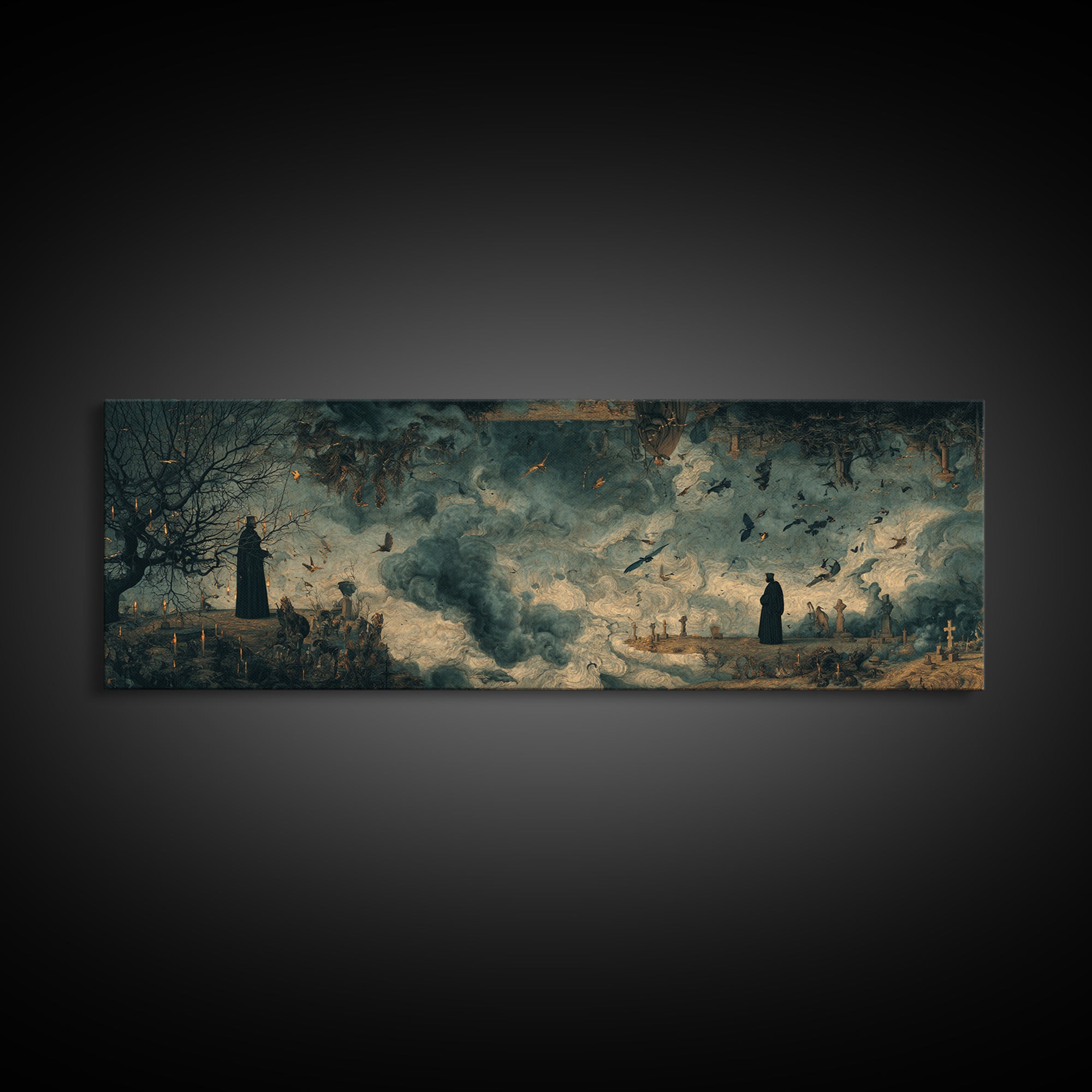 The Upside-Down Cemetery, Medieval Grotesque Art, Extra Wide Wall Art, Macabre Wall Art, Canvas Print, Halloween Wall Art