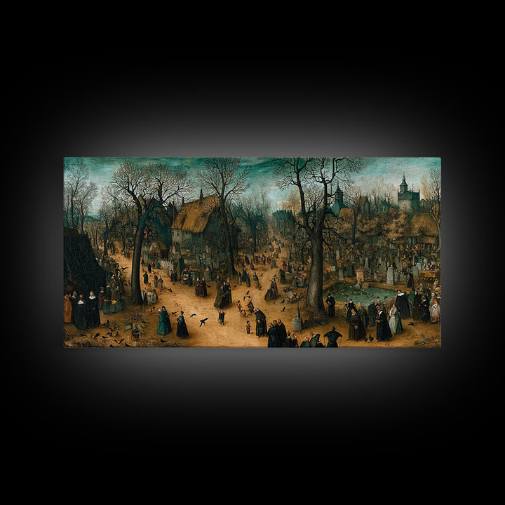 The Upside-Down Cemetery, Northern Renaissance Horror, Wide Panoramic Art, Macabre Wall Art, Canvas Print, Halloween Wall Art