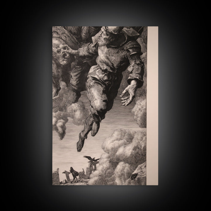 The Upside-Down Cemetery, Renaissance Engraving Art, Vertical Wall Art, Macabre Wall Art, Framed Canvas Print, Halloween Wall Art