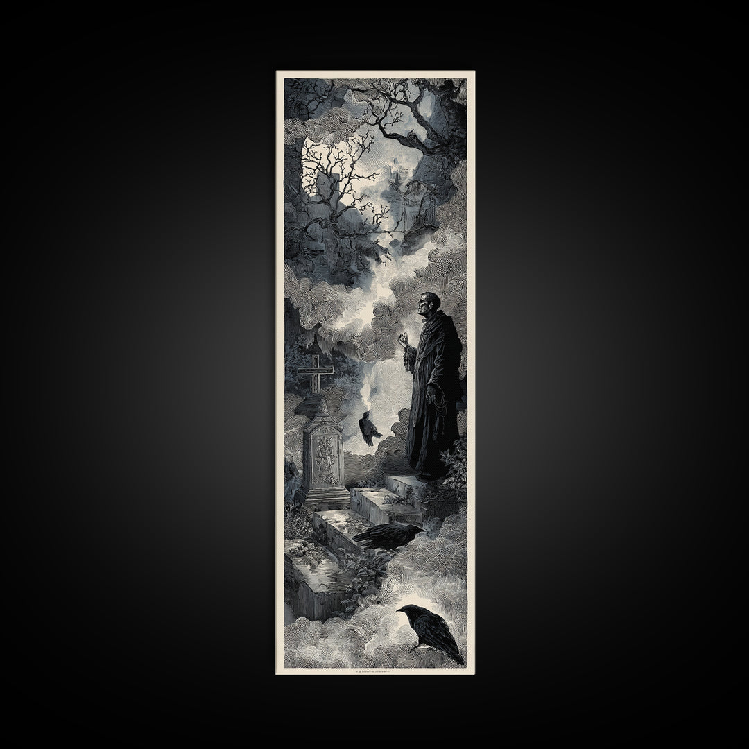The Upside-Down Cemetery, Architectural Etching Art, Tall Narrow Wall Art, Gothic Horror Wall Art, Canvas Print