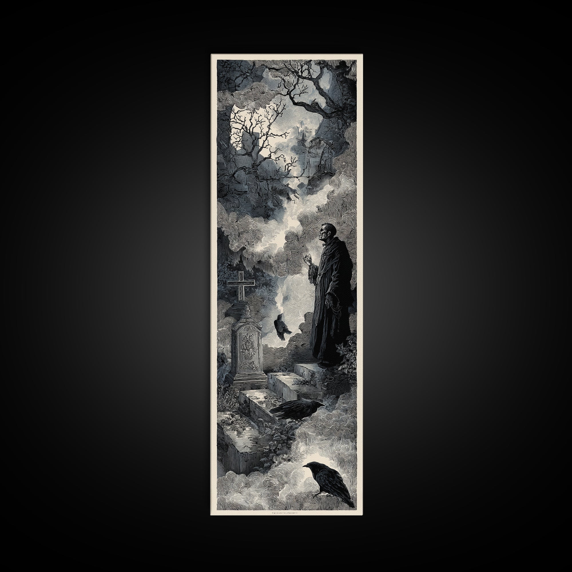 The Upside-Down Cemetery, Architectural Etching Art, Tall Narrow Wall Art, Gothic Horror Wall Art, Canvas Print