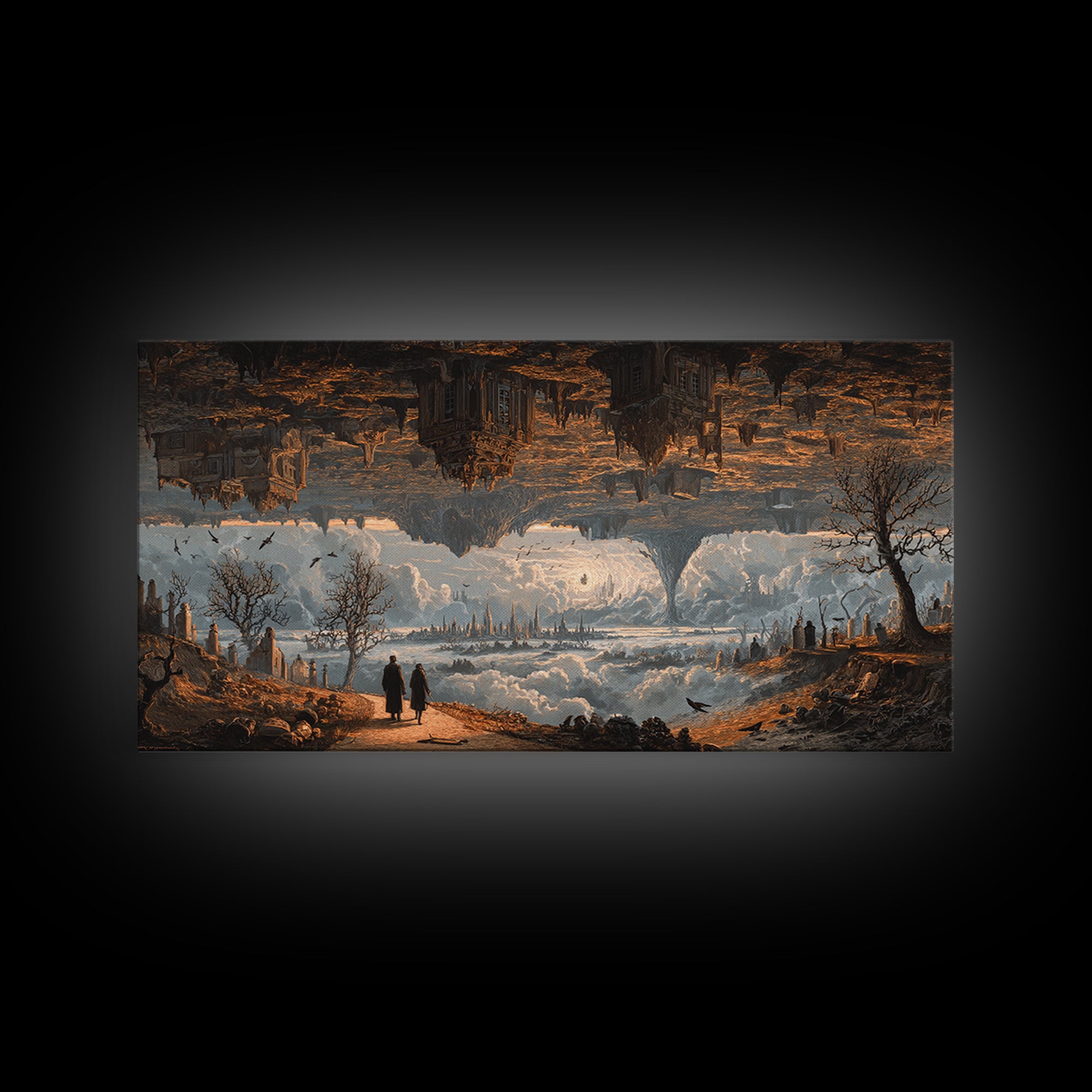 The Upside-Down Cemetery, Apocalyptic Romantic Art, Wide Panoramic Art, Macabre Wall Art, Framed Canvas Print, Halloween Wall Art