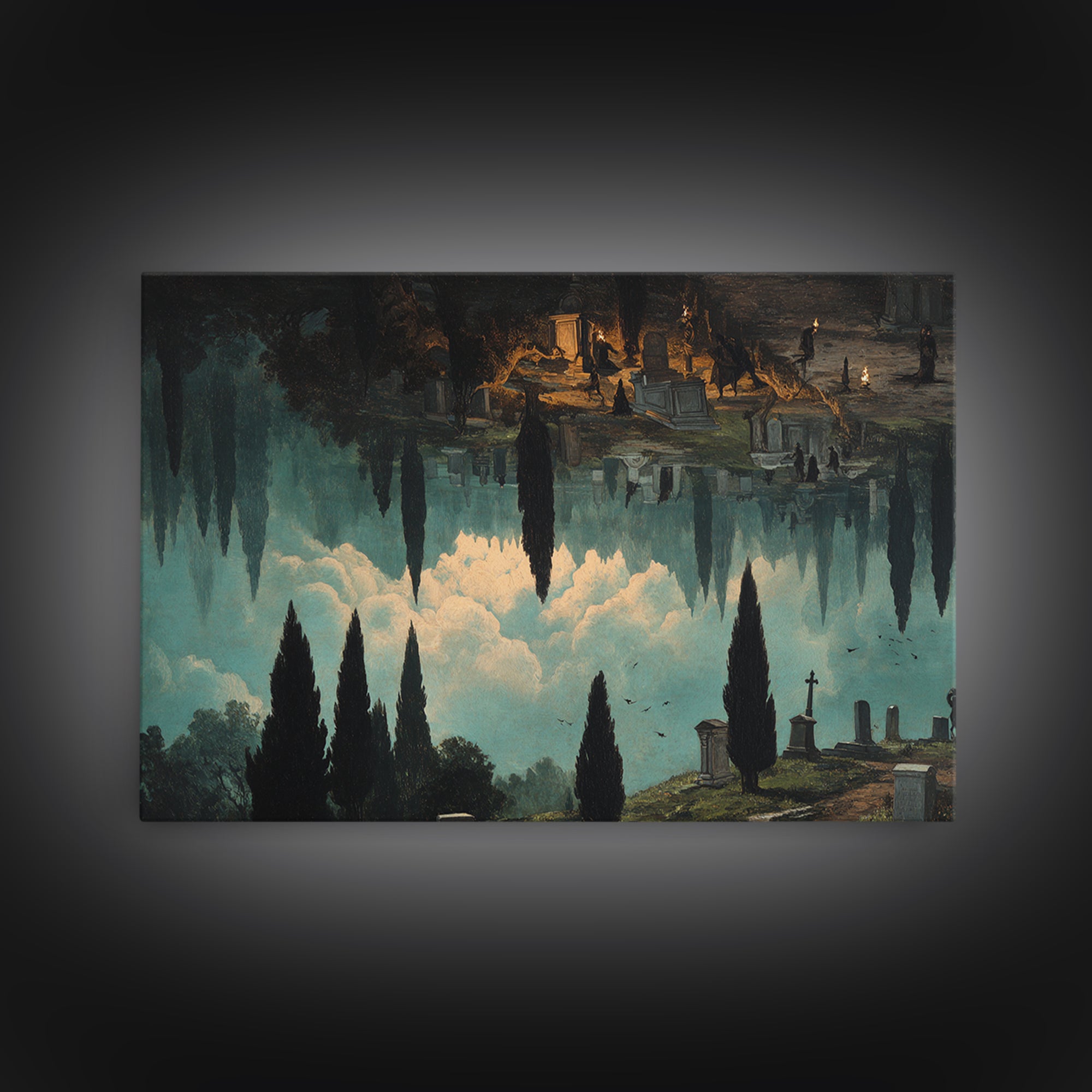 The Upside-Down Cemetery, Symbolist Gothic Landscape, Landscape Wall Art, Dark Halloween Decor, Canvas Print, Halloween Wall Art