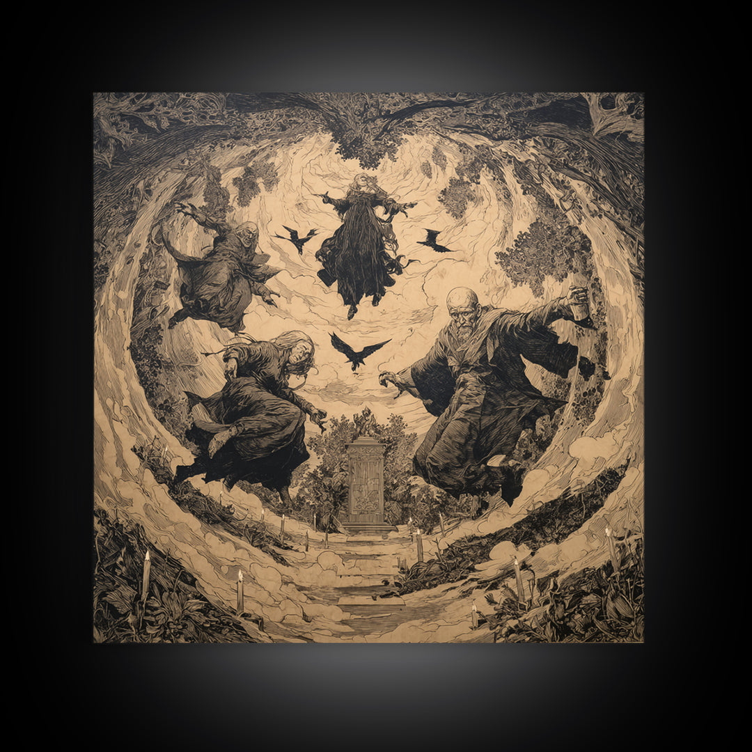 The Upside-Down Cemetery, Symbolist Etching Art, Square Wall Art, Gothic Horror Wall Art, Canvas Print, Halloween Wall Art