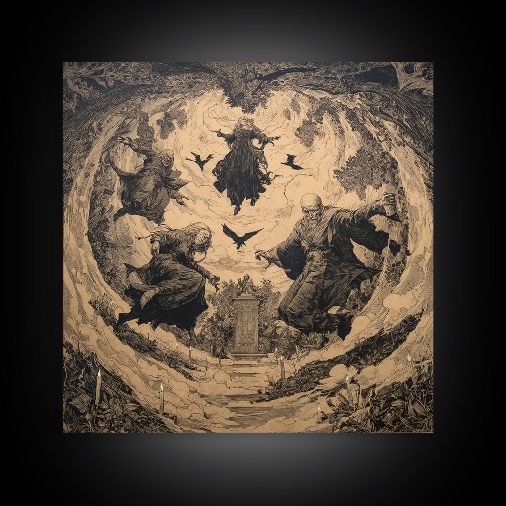 The Upside-Down Cemetery, Symbolist Etching Art, Square Wall Art, Gothic Horror Wall Art, Canvas Print, Halloween Wall Art