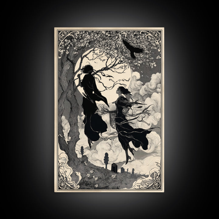 The Upside-Down Cemetery, Decadent Line Art, Vertical Wall Art, Dark Halloween Decor, Canvas Print, Halloween Wall Art