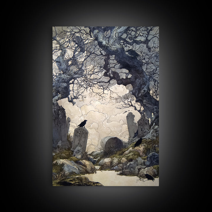 The Upside-Down Cemetery, Gothic Storybook Art, Vertical Wall Art, Dark Fantasy Wall Art, Canvas Print, Halloween Wall Art