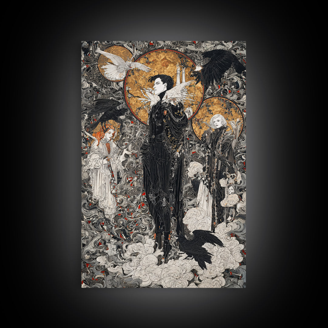 The Upside-Down Cemetery, Stained Glass Gothic Art, Vertical Wall Art, Dark Halloween Decor, Framed Canvas Print, Halloween Wall Art