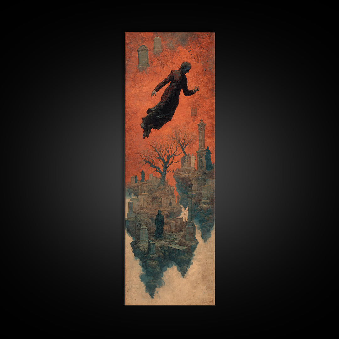 The Upside-Down Cemetery, Surreal Apocalyptic Art, Tall Narrow Wall Art, Macabre Wall Art, Canvas Print, Halloween Wall Art
