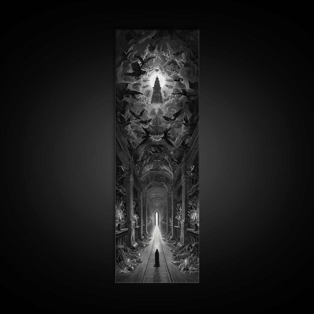 The Infinite Hallway, Gothic Engraving Art, Tall Narrow Wall Art, Macabre Wall Art, Framed Canvas Print, Halloween Wall Art