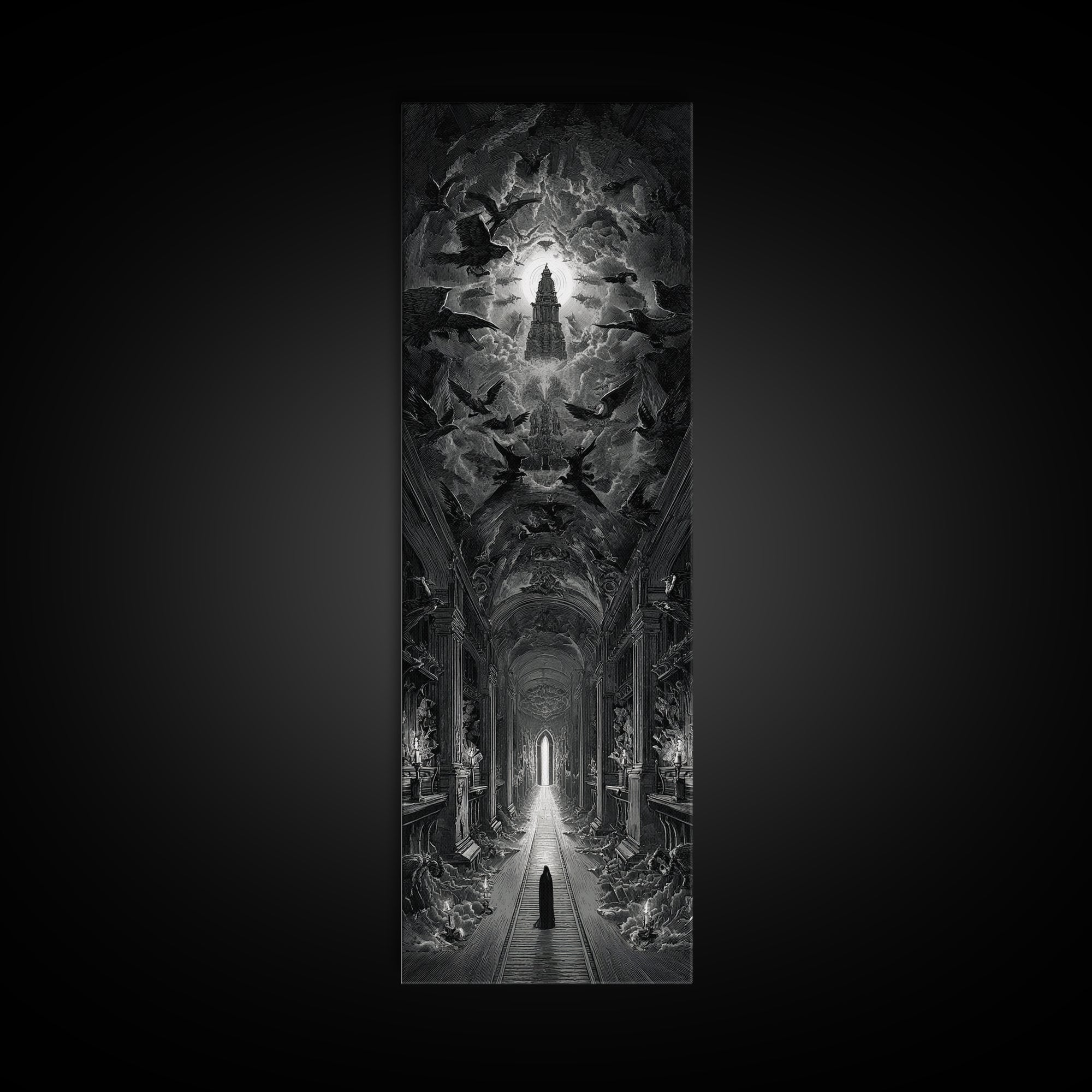 The Infinite Hallway, Gothic Engraving Art, Tall Narrow Wall Art, Macabre Wall Art, Framed Canvas Print, Halloween Wall Art