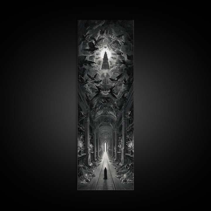The Infinite Hallway, Gothic Engraving Art, Tall Narrow Wall Art, Macabre Wall Art, Framed Canvas Print, Halloween Wall Art