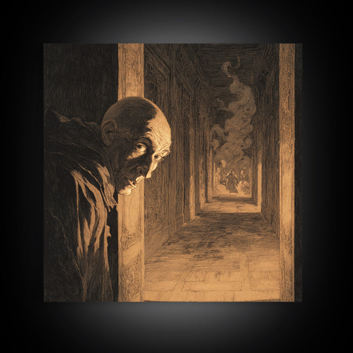 The Infinite Hallway, Symbolist Etching Art, Square Wall Art, Dark Fantasy Wall Art, Framed Canvas Print, Halloween Wall Art