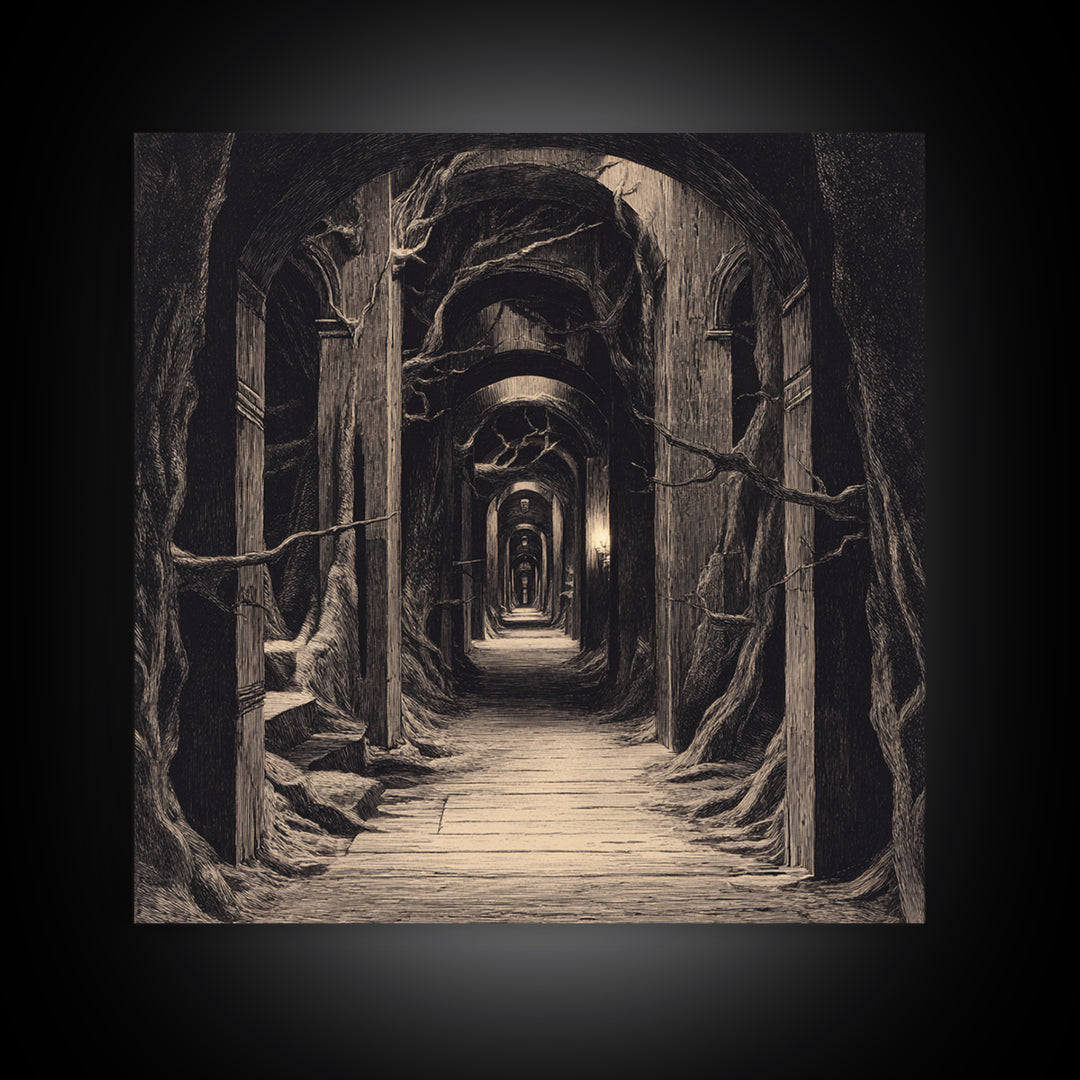 The Infinite Hallway, Expressionist Nightmare Art, Square Wall Art, Macabre Wall Art, Framed Canvas Print, Halloween Wall Art