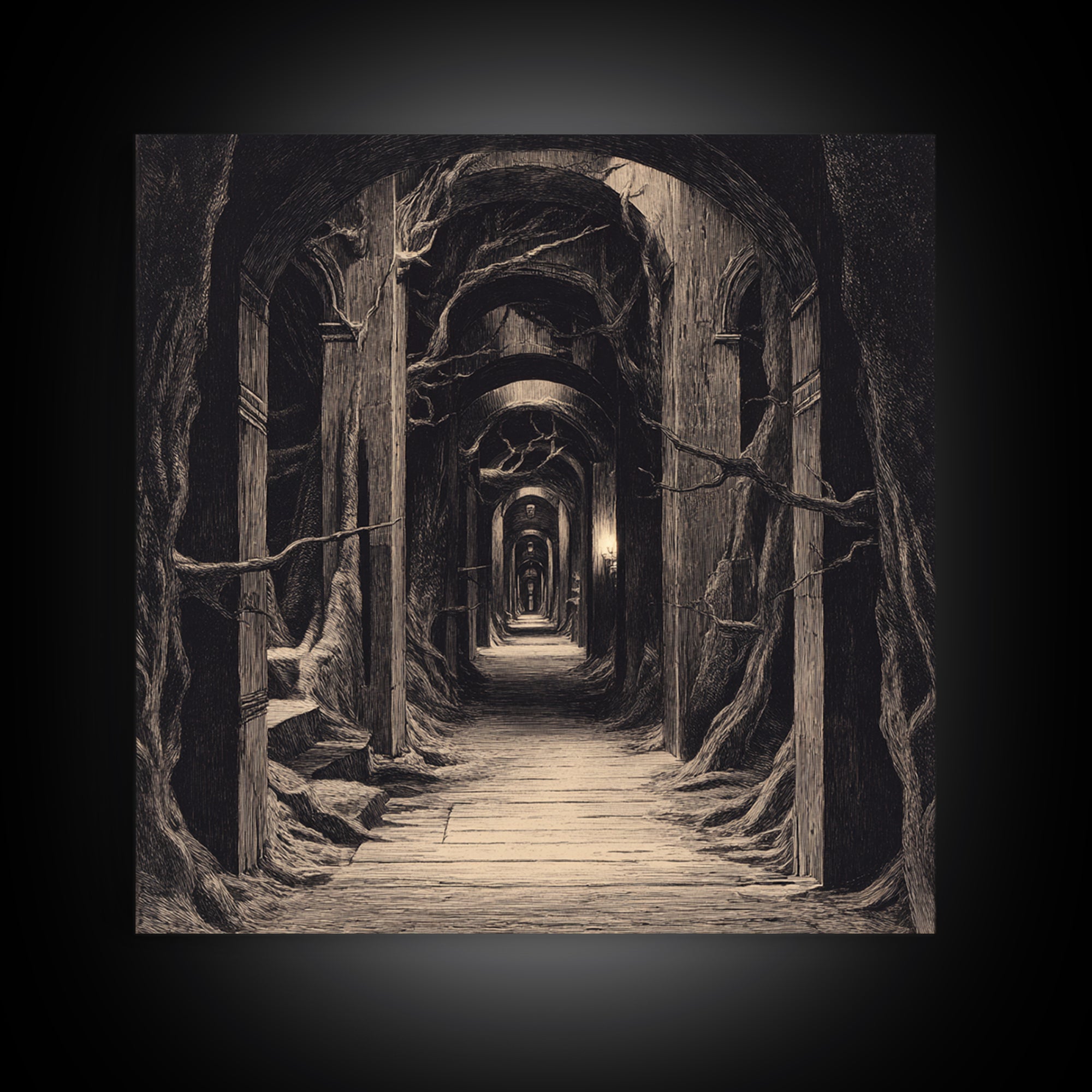 The Infinite Hallway, Expressionist Nightmare Art, Square Wall Art, Macabre Wall Art, Framed Canvas Print, Halloween Wall Art