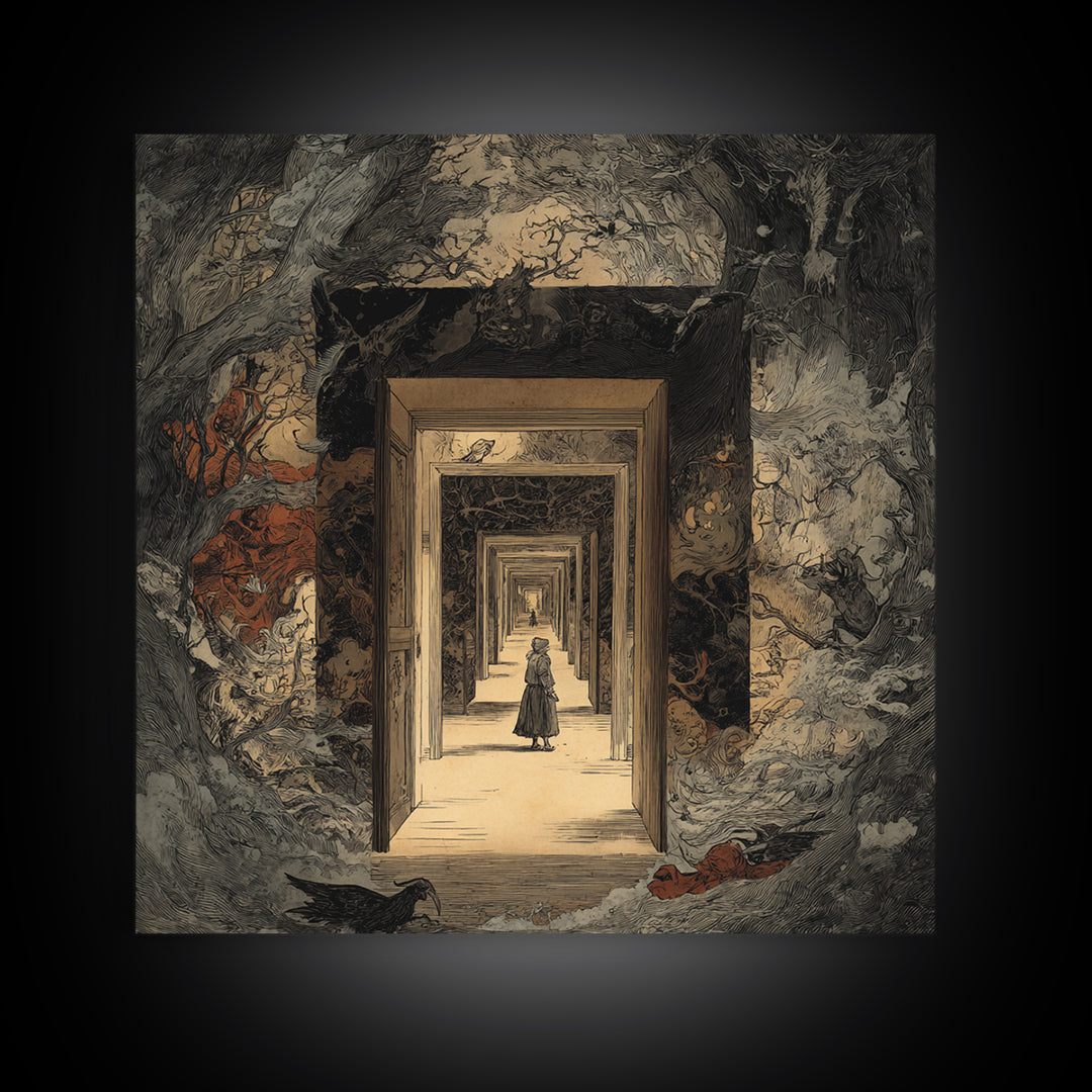 The Infinite Hallway, Gothic Storybook Art, Square Wall Art, Dark Fantasy Wall Art, Canvas Print, Halloween Wall Art