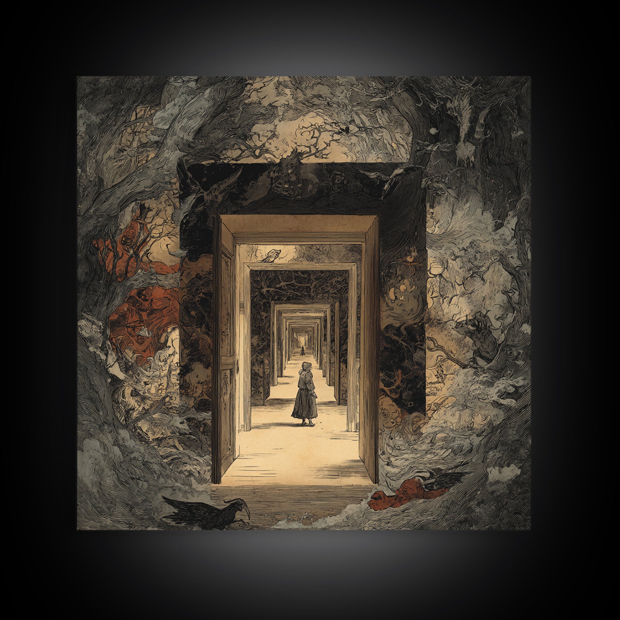 The Infinite Hallway, Gothic Storybook Art, Square Wall Art, Dark Fantasy Wall Art, Canvas Print, Halloween Wall Art