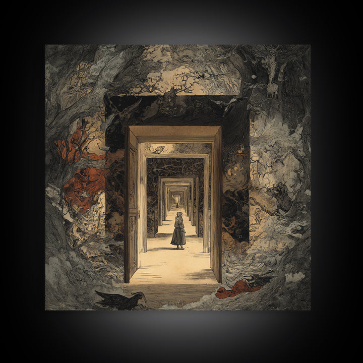 The Infinite Hallway, Gothic Storybook Art, Square Wall Art, Dark Fantasy Wall Art, Canvas Print, Halloween Wall Art