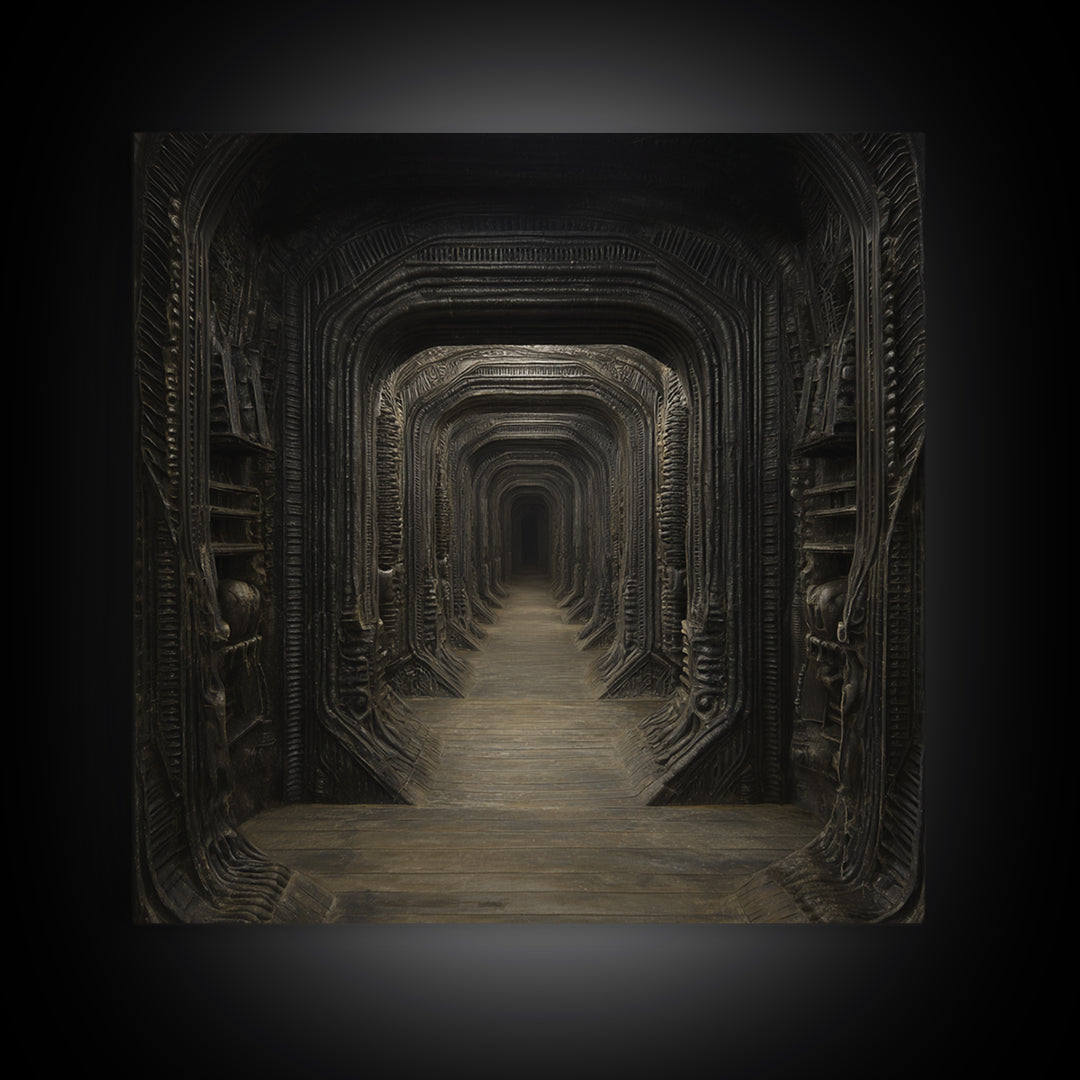 The Infinite Hallway, Biomechanical Horror Art, Square Wall Art, Dark Fantasy Wall Art, Framed Canvas Print, Halloween Wall Art