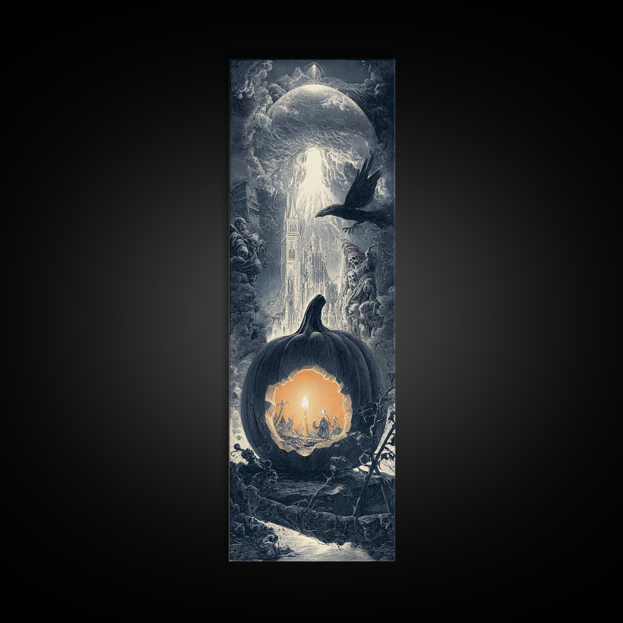 The Moon Inside A Pumpkin, Gothic Engraving Art, Tall Narrow Wall Art, Macabre Wall Art, Framed Canvas Print, Halloween Wall Art