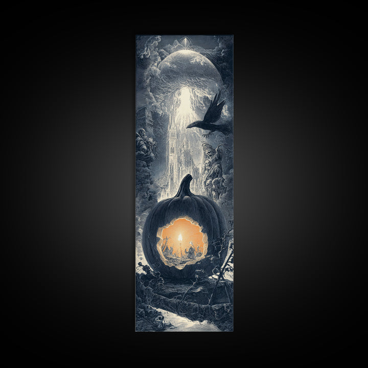 The Moon Inside A Pumpkin, Gothic Engraving Art, Tall Narrow Wall Art, Macabre Wall Art, Framed Canvas Print, Halloween Wall Art