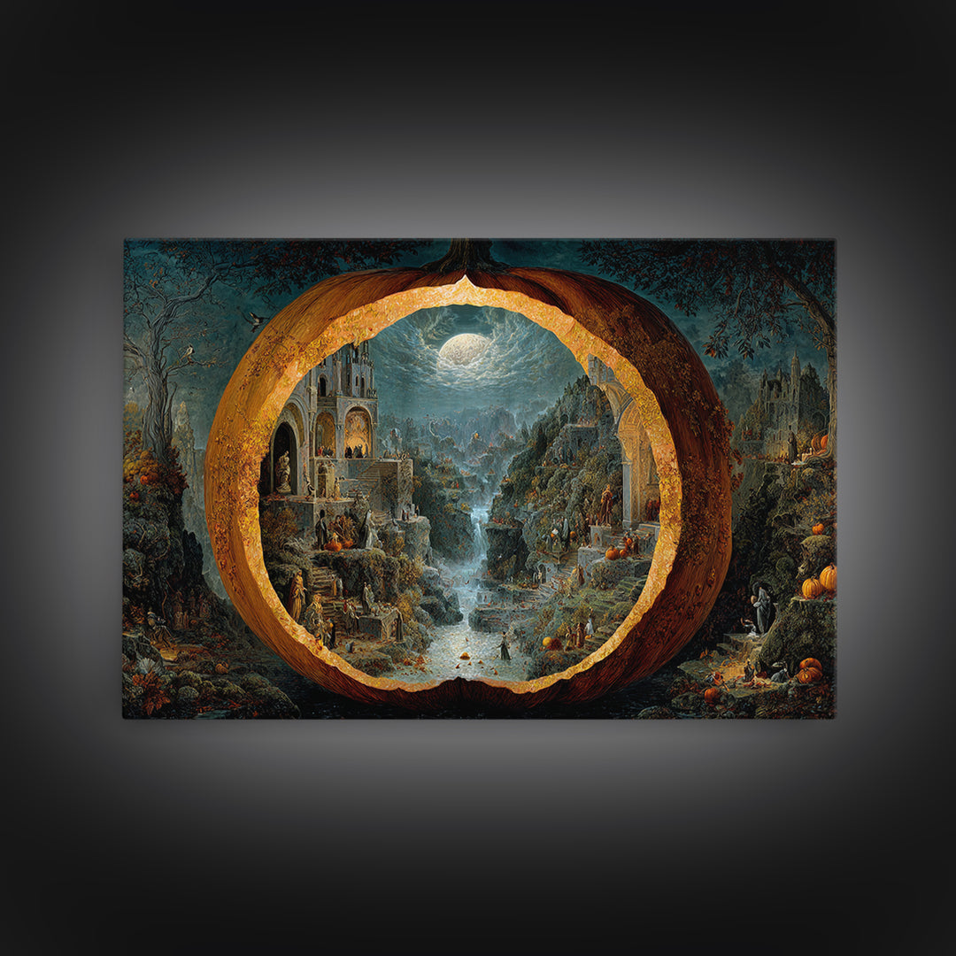 The Moon Inside A Pumpkin, Medieval Grotesque Art, Landscape Wall Art, Macabre Wall Art, Framed Canvas Print, Halloween Wall Art