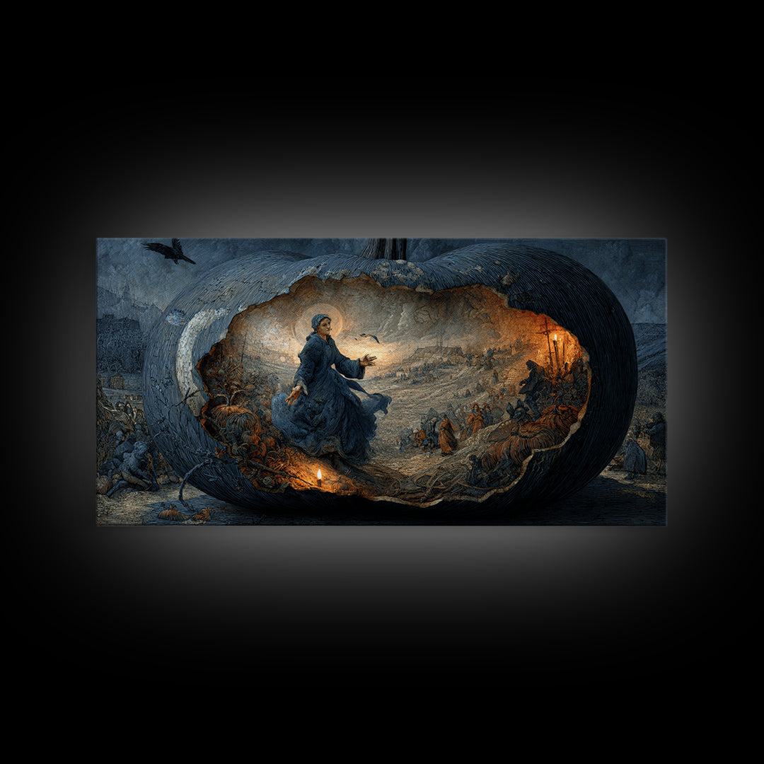 The Moon Inside A Pumpkin, Northern Renaissance Horror, Wide Panoramic Art, Dark Halloween Decor, Framed Canvas Print