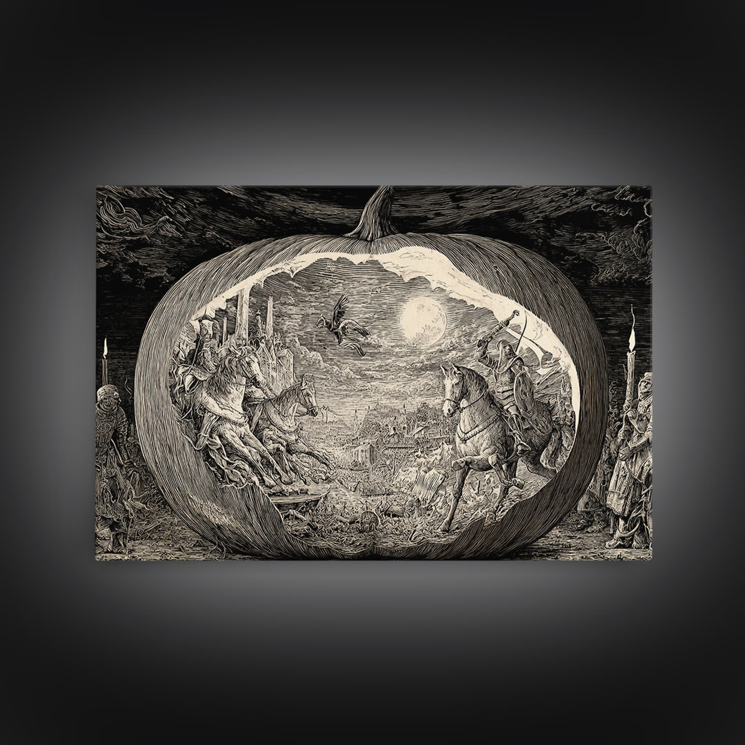 The Moon Inside A Pumpkin, Renaissance Engraving Art, Landscape Wall Art, Macabre Wall Art, Canvas Print, Halloween Wall Art