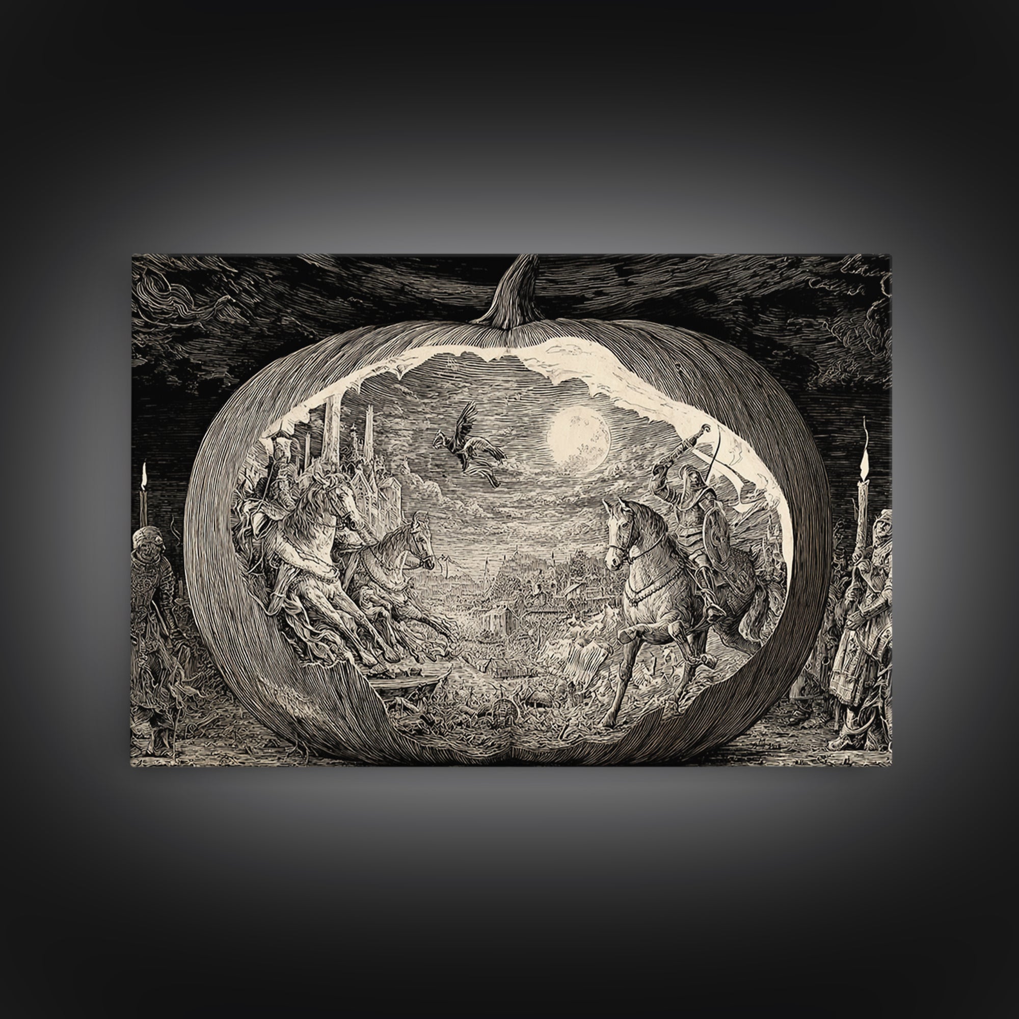The Moon Inside A Pumpkin, Renaissance Engraving Art, Landscape Wall Art, Macabre Wall Art, Canvas Print, Halloween Wall Art