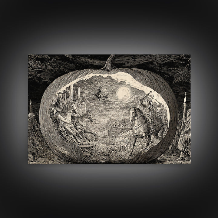 The Moon Inside A Pumpkin, Renaissance Engraving Art, Landscape Wall Art, Macabre Wall Art, Canvas Print, Halloween Wall Art