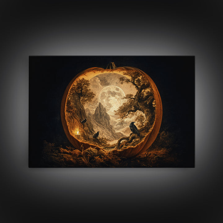 The Moon Inside A Pumpkin, Baroque Witchcraft Art, Landscape Wall Art, Dark Fantasy Wall Art, Framed Canvas Print, Halloween Wall Art