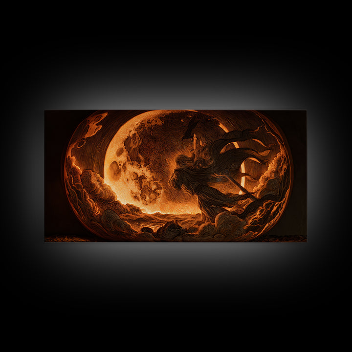 The Moon Inside A Pumpkin, Visionary Gothic Art, Wide Panoramic Art, Dark Halloween Decor, Framed Canvas Print, Halloween Wall Art