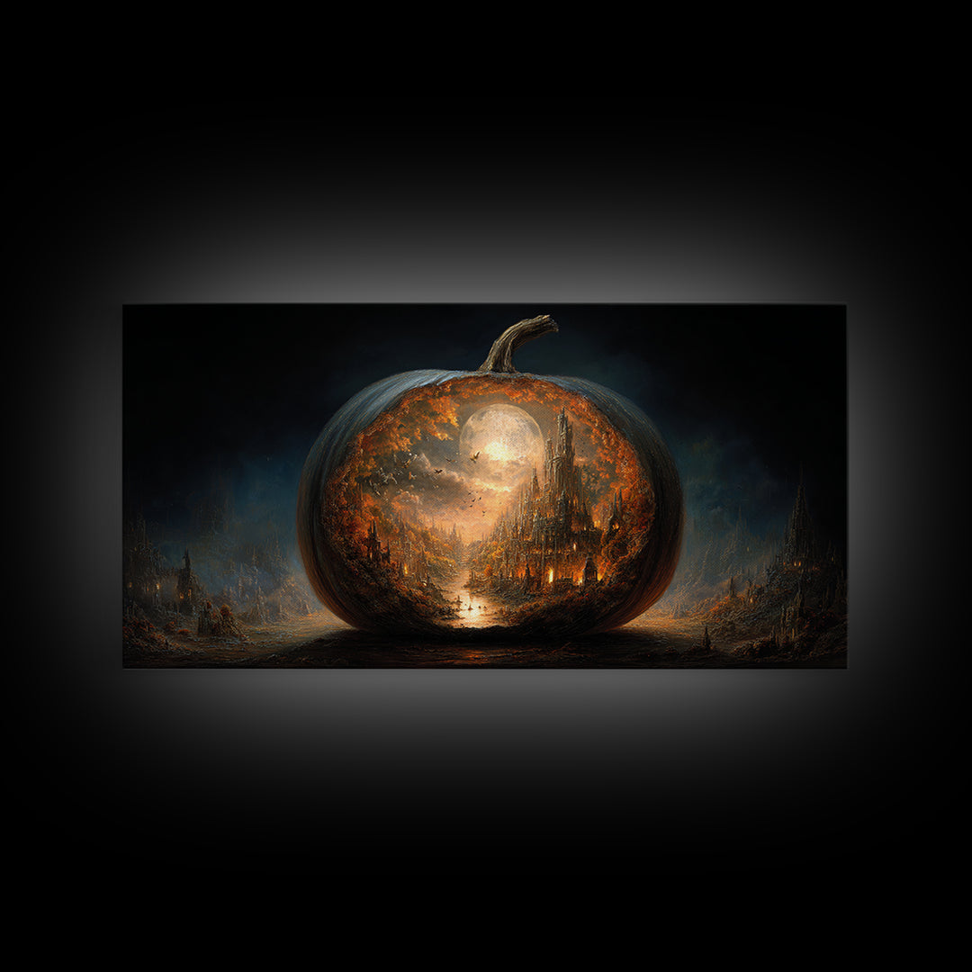 The Moon Inside A Pumpkin, Apocalyptic Romantic Art, Wide Panoramic Art, Gothic Horror Wall Art, Framed Canvas Print, Halloween Wall Art