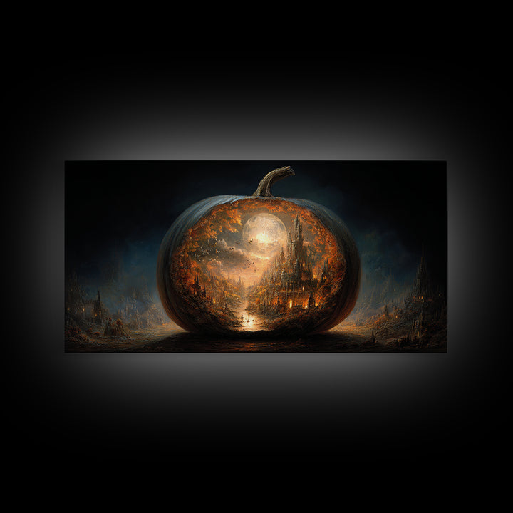 The Moon Inside A Pumpkin, Apocalyptic Romantic Art, Wide Panoramic Art, Gothic Horror Wall Art, Framed Canvas Print, Halloween Wall Art