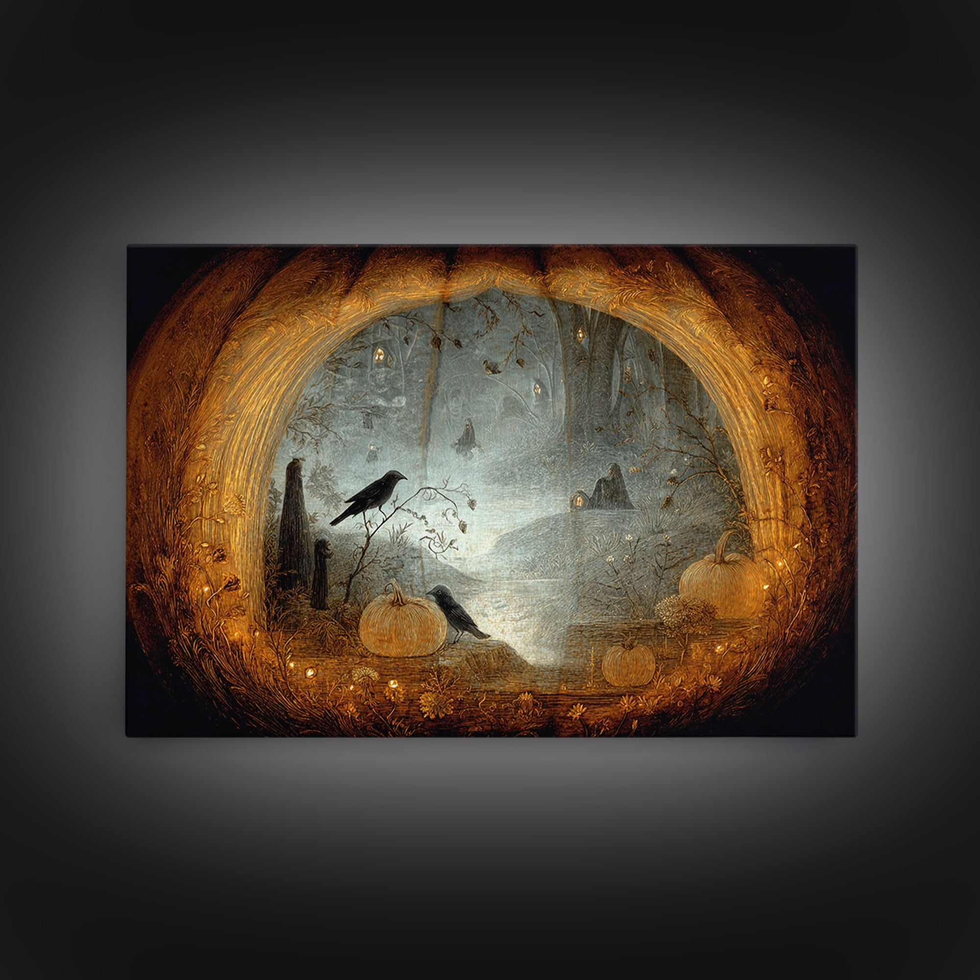 The Moon Inside A Pumpkin, Symbolist Dream Art, Landscape Wall Art, Macabre Wall Art, Framed Canvas Print, Halloween Wall Art